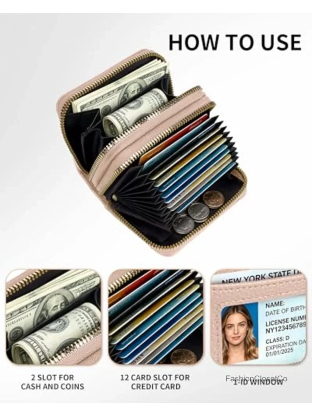 RFID Blocking Credit Card Holder Wallet with Keychain Double Zipper